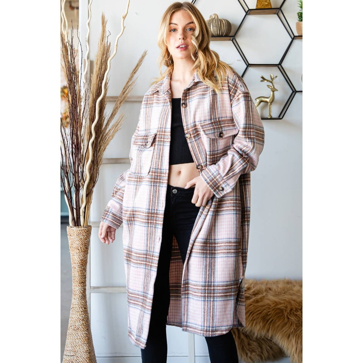 Wool Mix Plaid Checker Longline Shacket