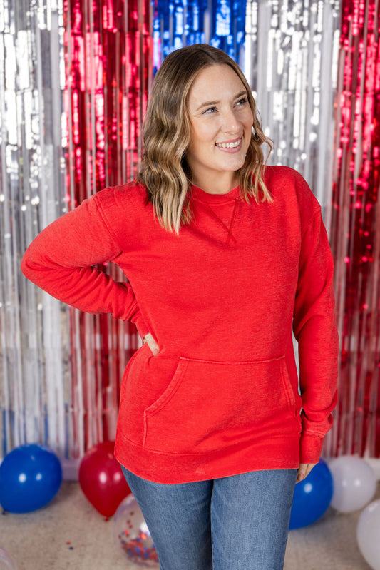 Vintage Wash Pocket Pullover - Red