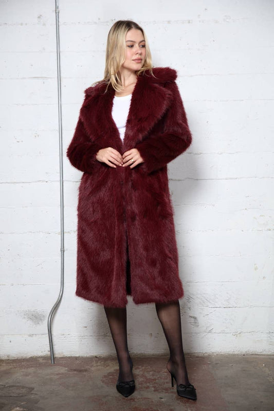 Merlot Long Hair Faux Fur Overcoat