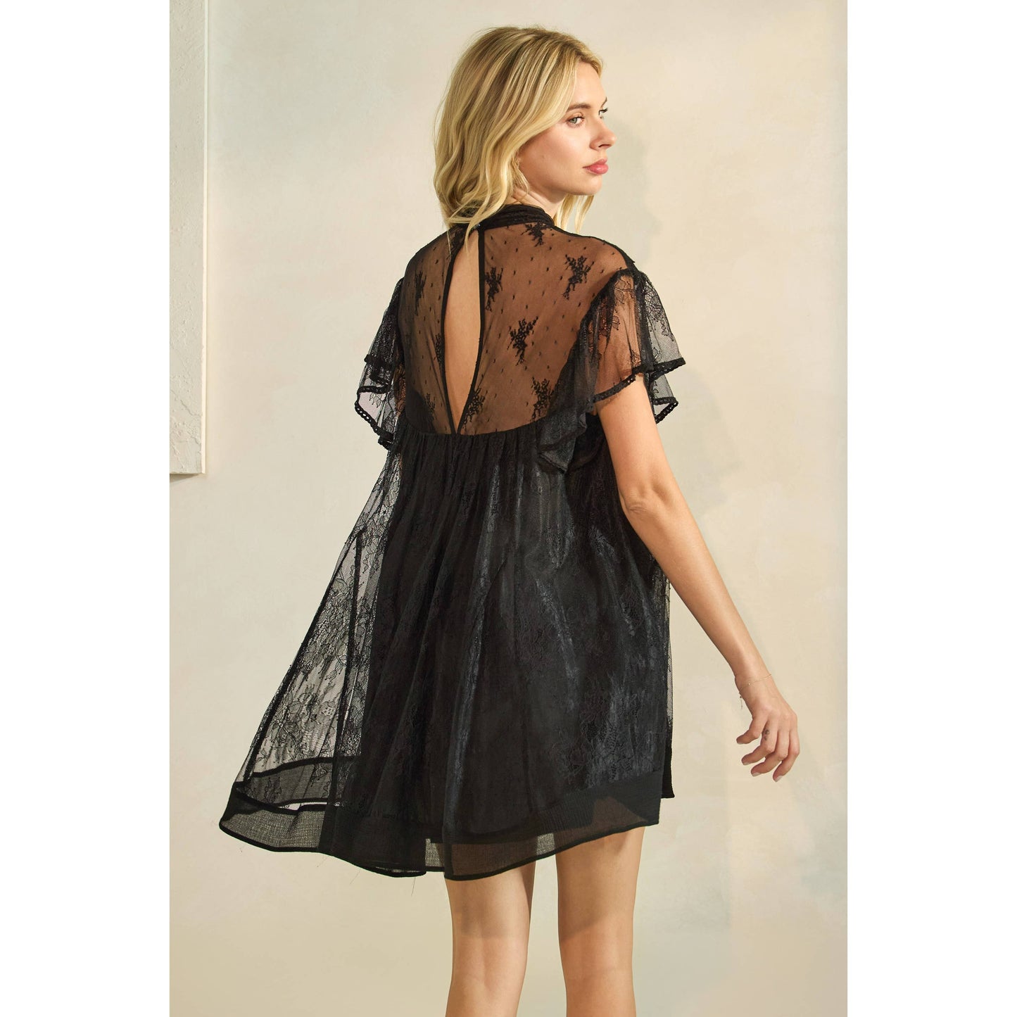 Lace Flutter Sleeve Mock Neck Mini Dress