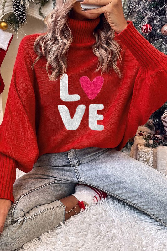 LOVE Turtleneck Sweater- Red