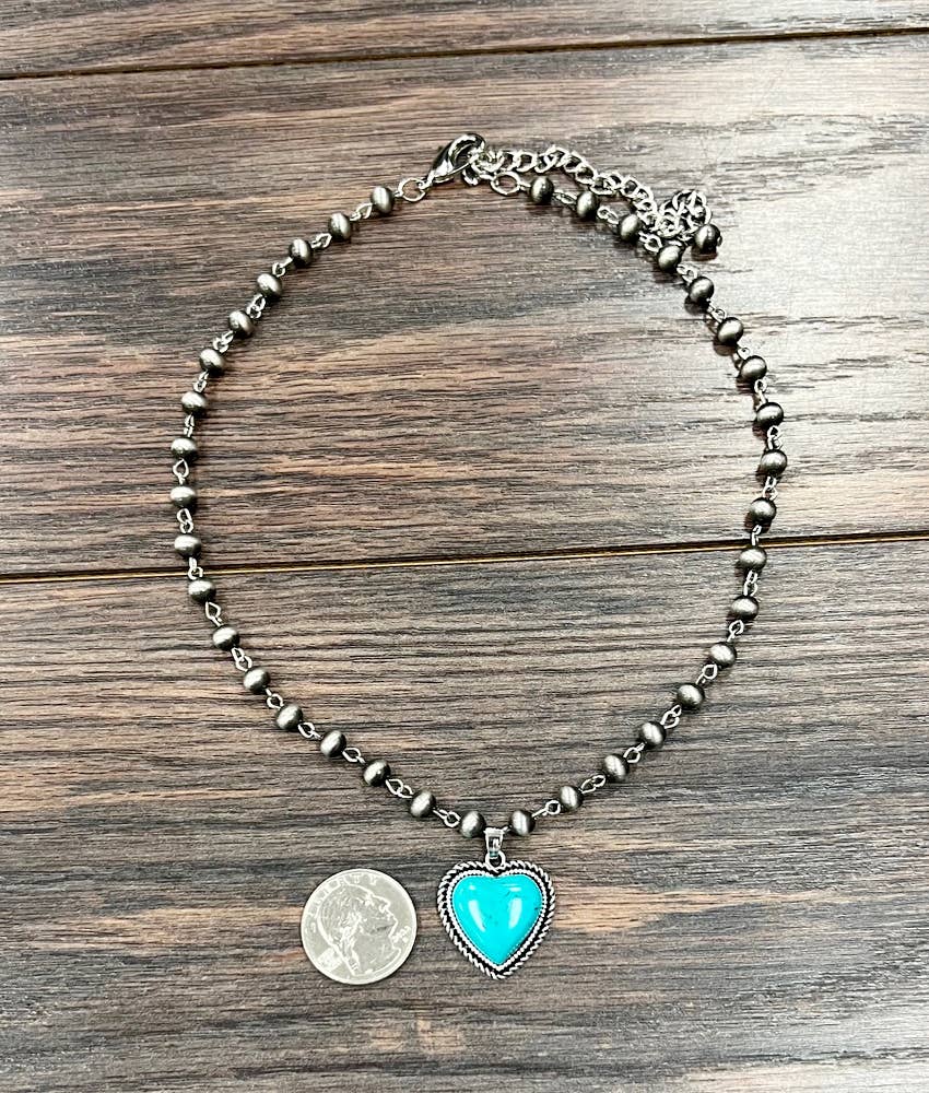 739306, Handmade Navajo Bead, Heart Turquoise Necklace