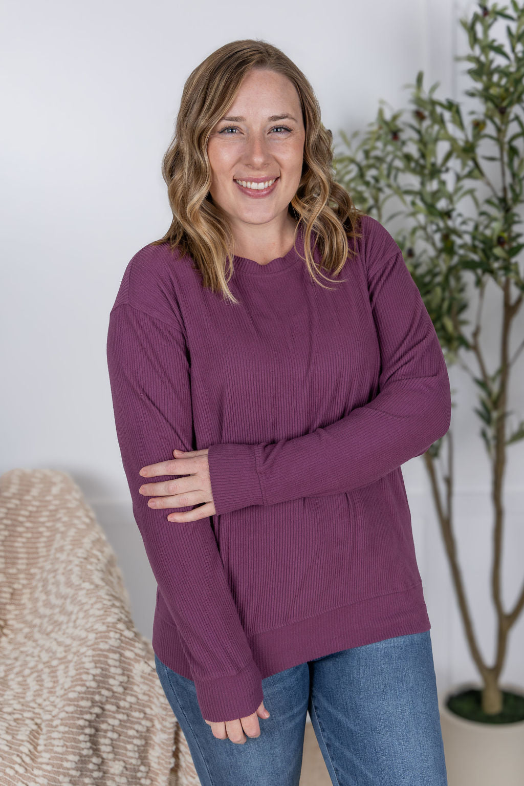 IN STOCK Corrine Ribbed Pullover Top - Plum