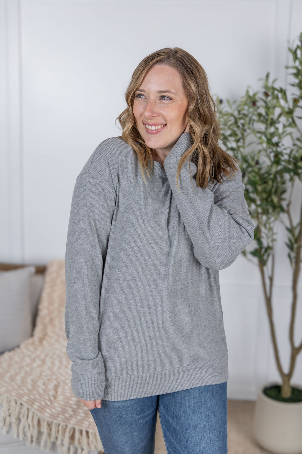 IN STOCK Corrine Ribbed Pullover Top - Light Grey