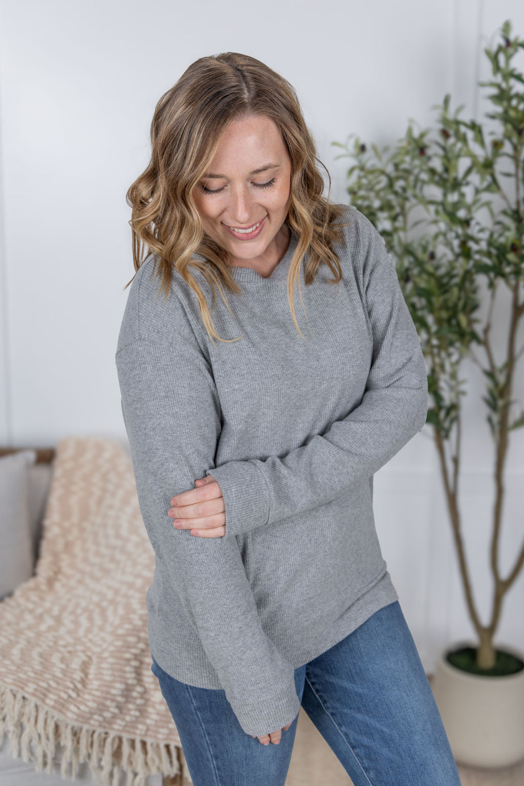 IN STOCK Corrine Ribbed Pullover Top - Light Grey