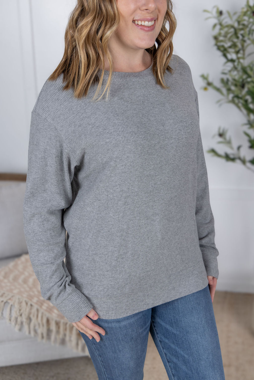IN STOCK Corrine Ribbed Pullover Top - Light Grey