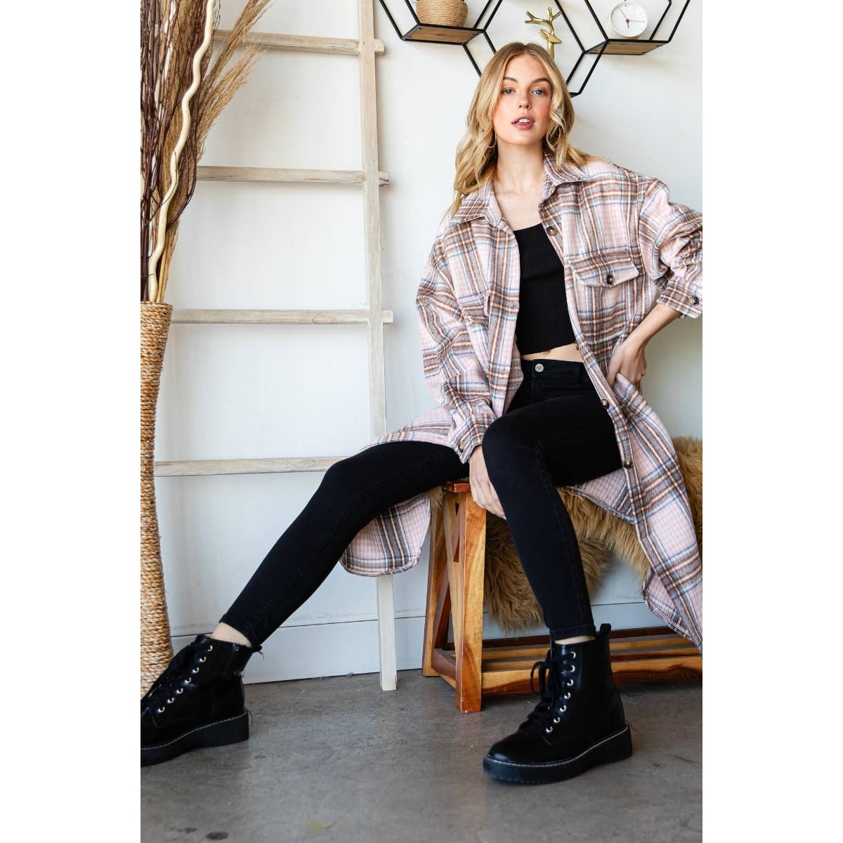 Wool Mix Plaid Checker Longline Shacket