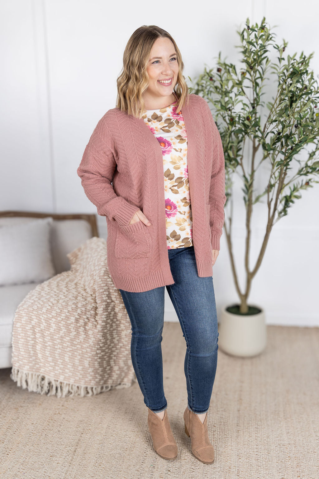 Billie Open Knit Cardigan - Dusty Rose