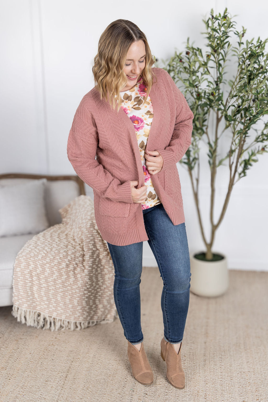Billie Open Knit Cardigan - Dusty Rose