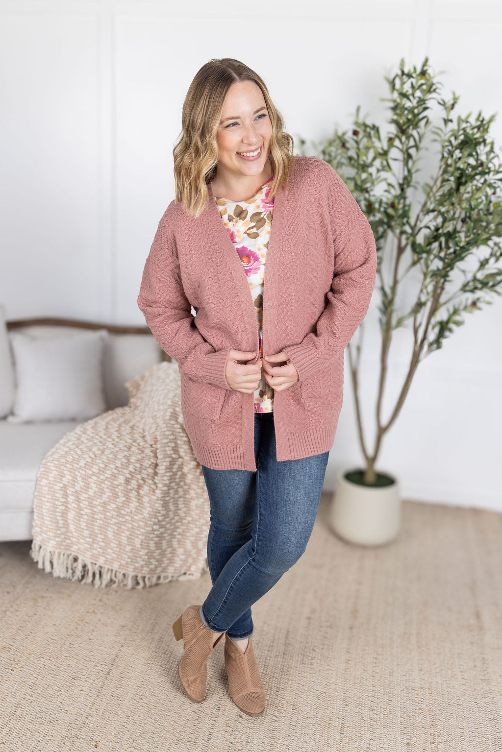 Billie Open Knit Cardigan - Dusty Rose