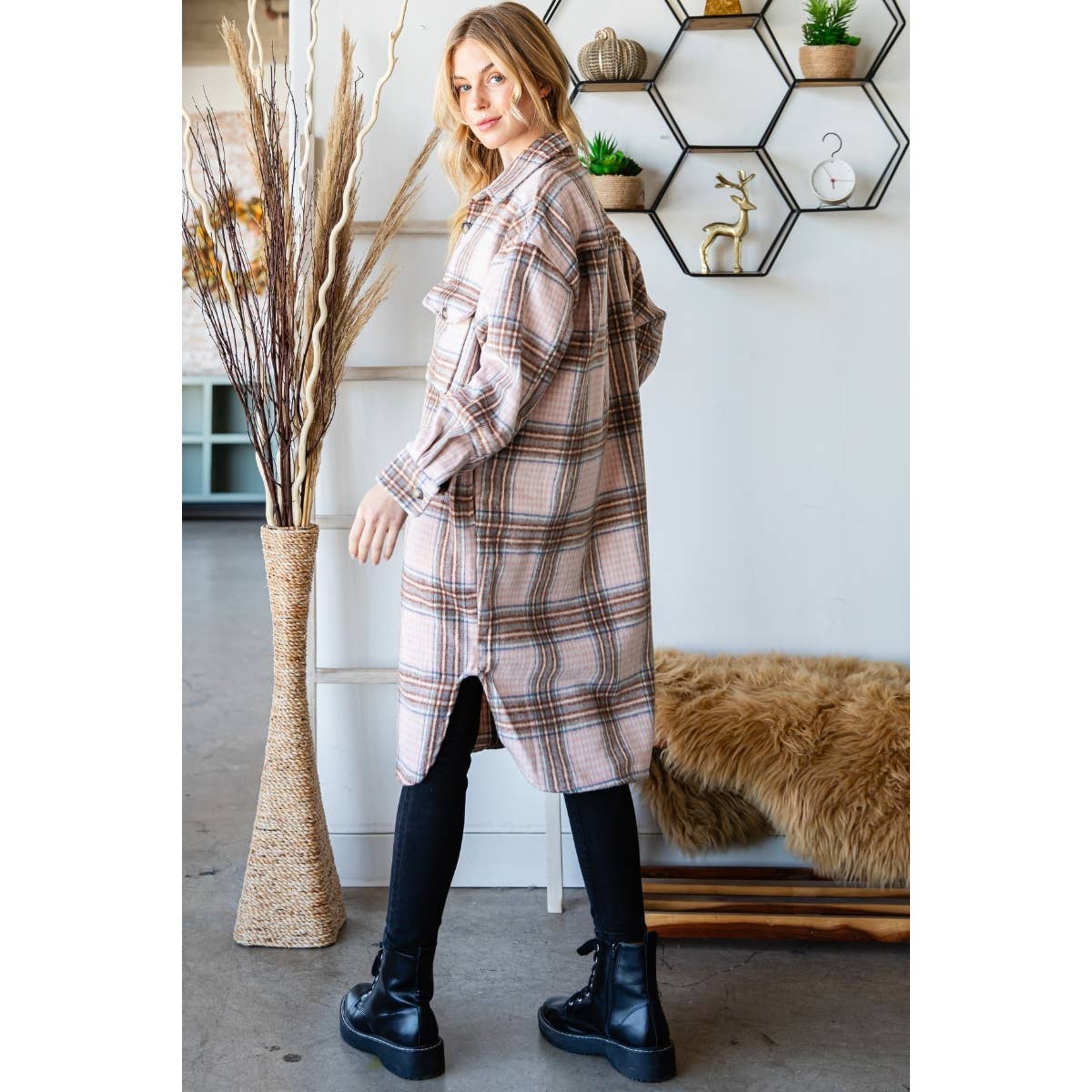 Wool Mix Plaid Checker Longline Shacket