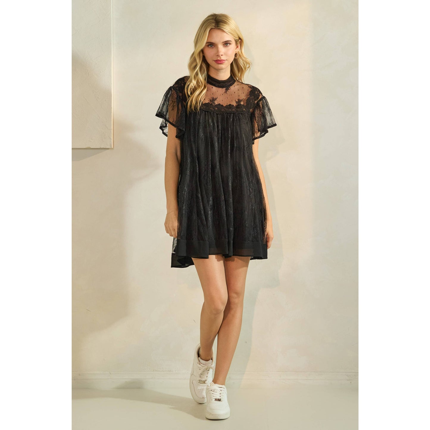 Lace Flutter Sleeve Mock Neck Mini Dress