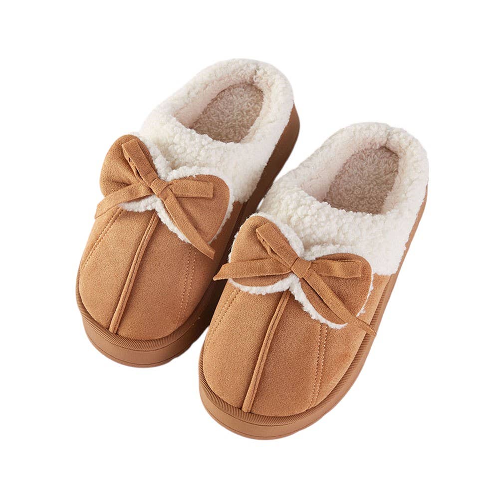 Bow Accent Fuzzy Plush Home Indoor Floor Slippers