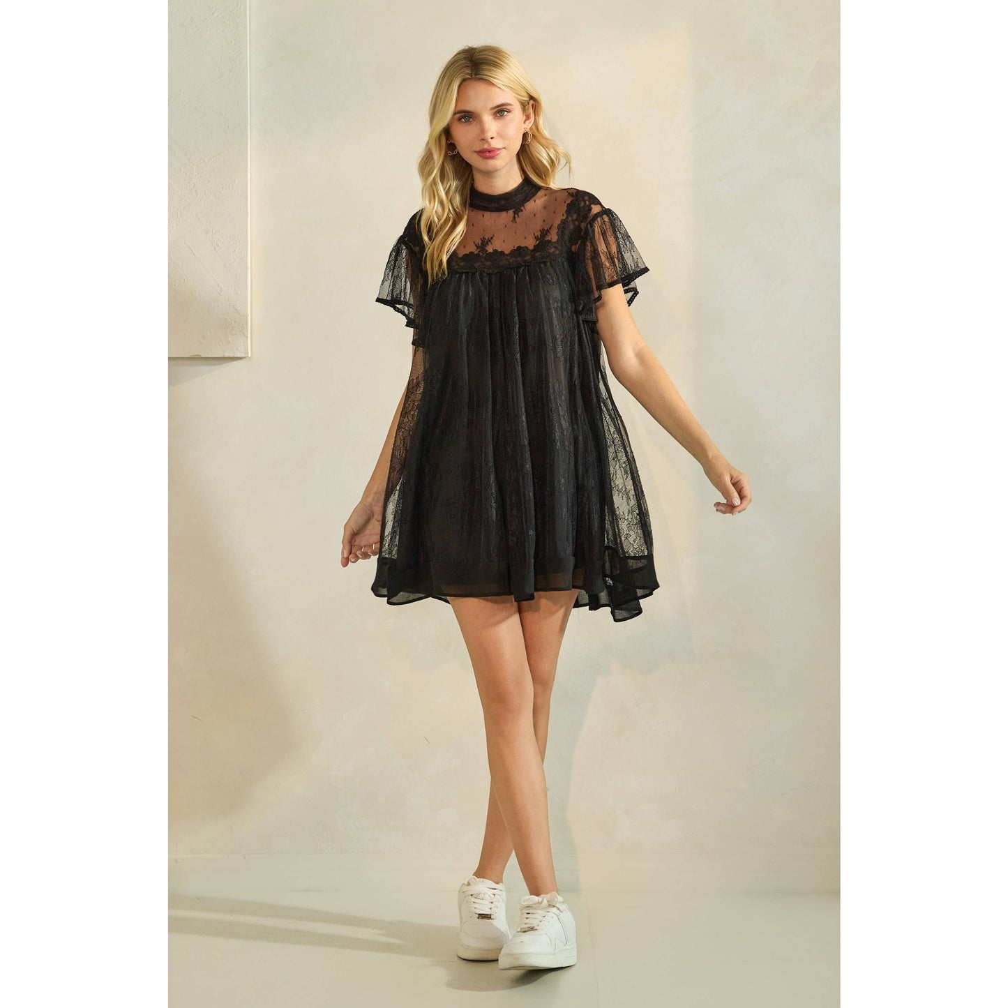 Lace Flutter Sleeve Mock Neck Mini Dress
