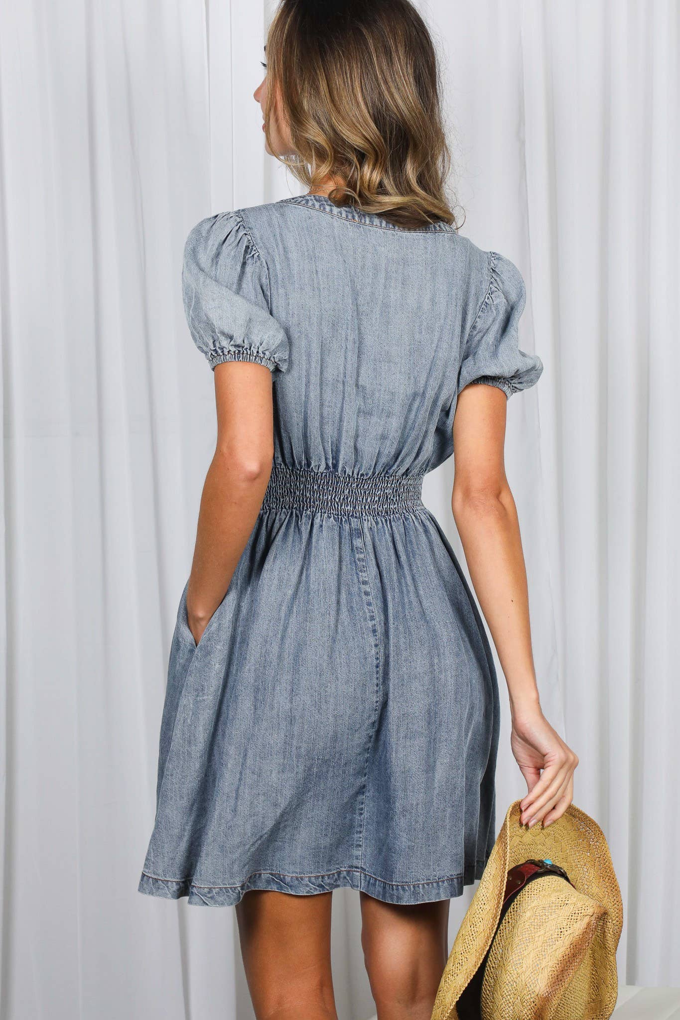 Puff Sleeve Tencel Chambray Denim Dress