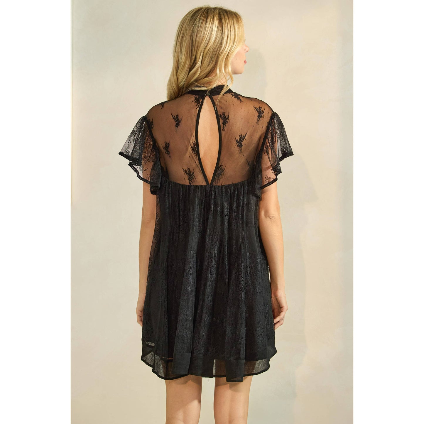 Lace Flutter Sleeve Mock Neck Mini Dress