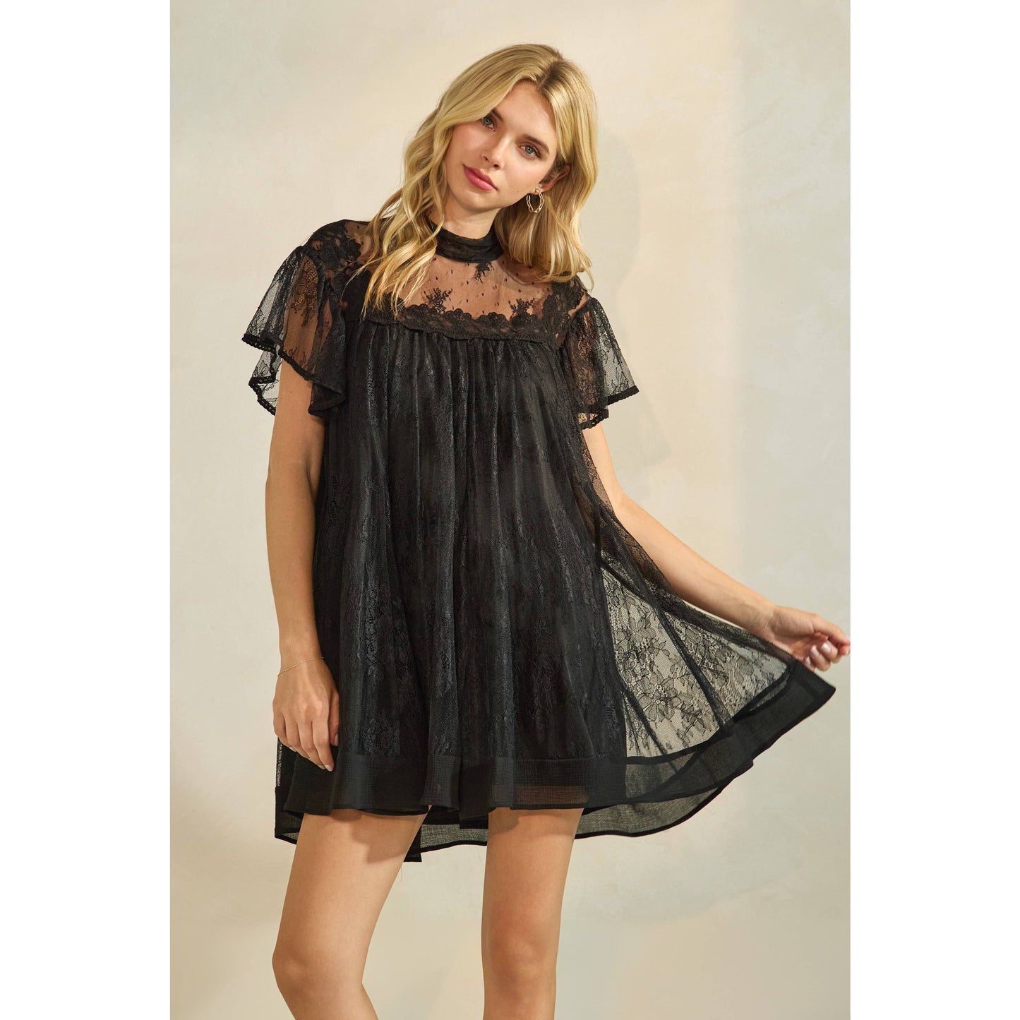 Lace Flutter Sleeve Mock Neck Mini Dress