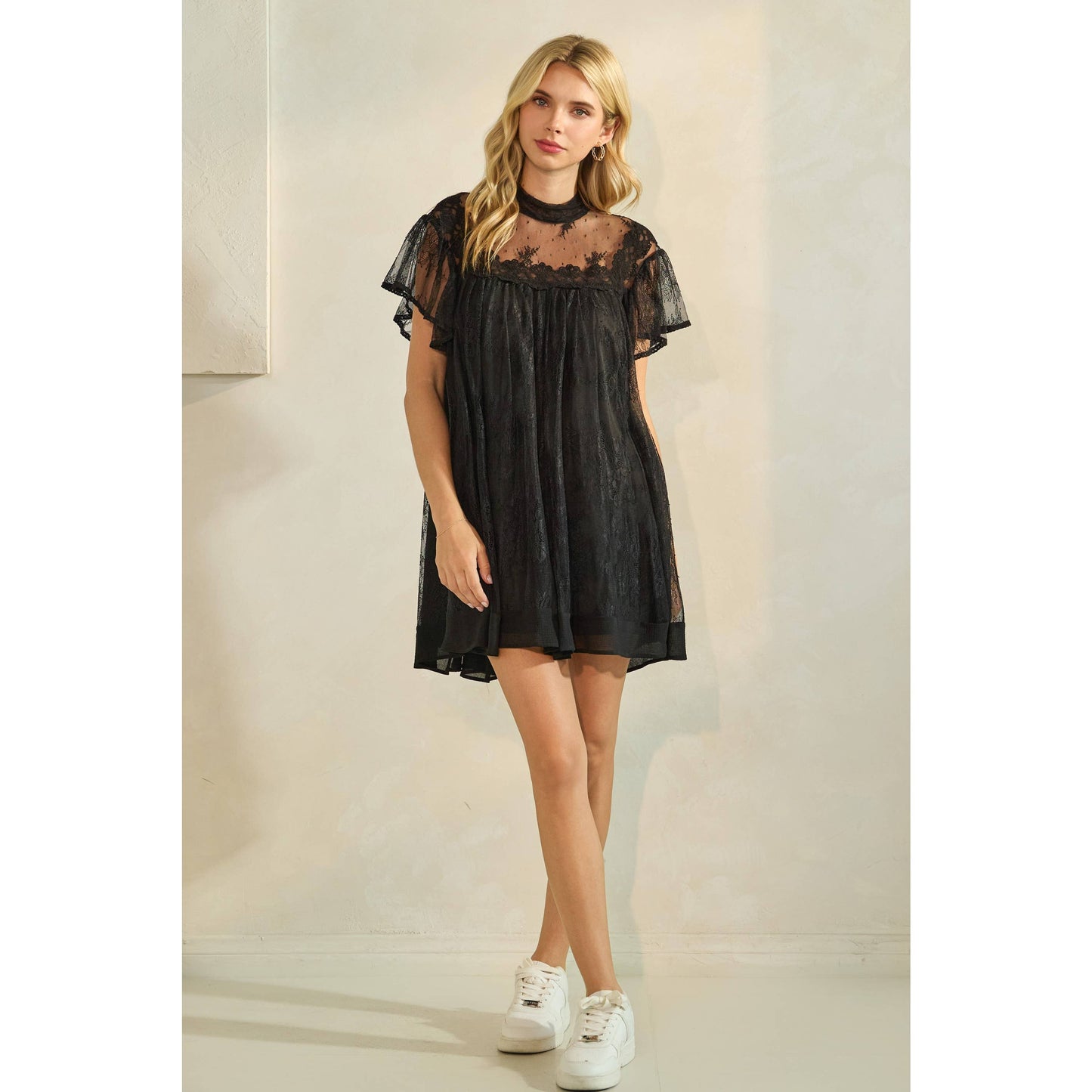 Lace Flutter Sleeve Mock Neck Mini Dress