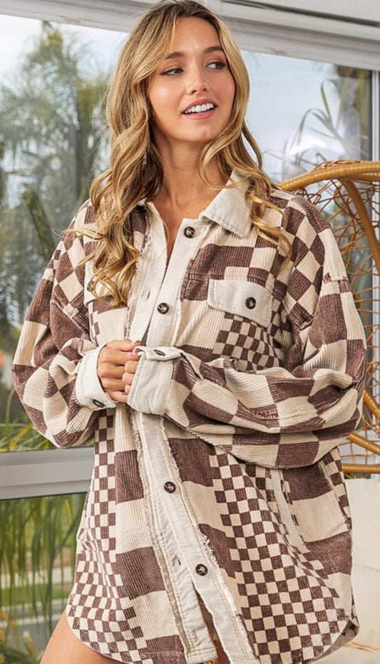 Checked Around Town Corduroy Shacket- Mocha