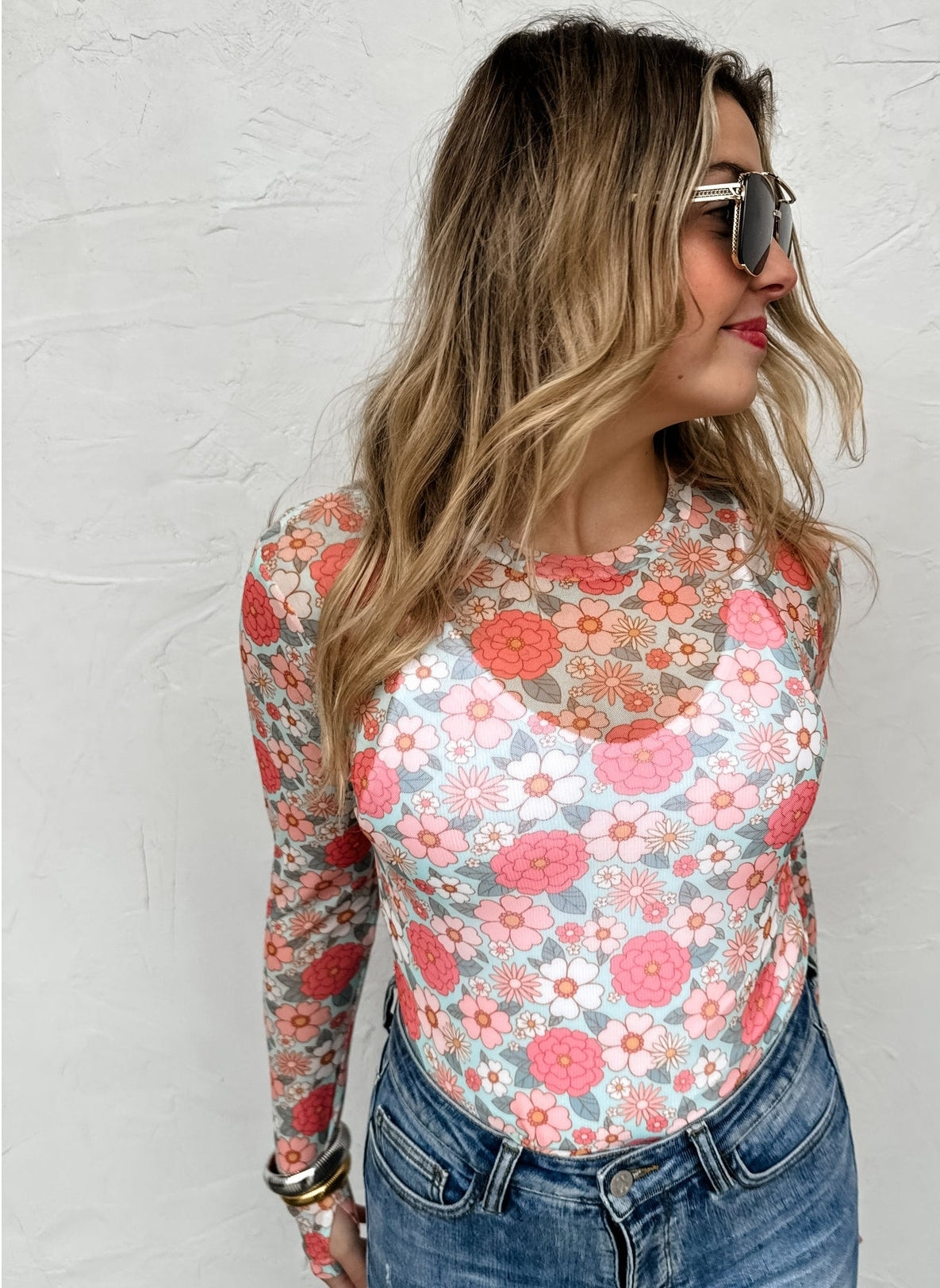 Vintage Floral Mesh Top- Pink