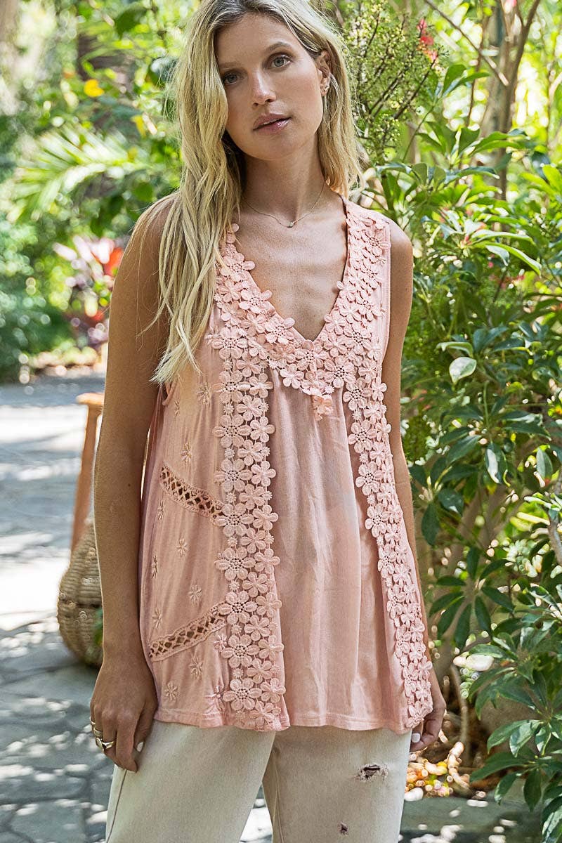POL Rose Dawn Embroidered Floral Tank