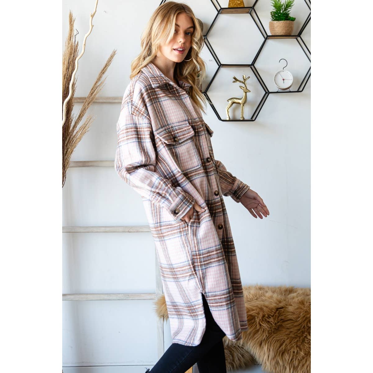 Wool Mix Plaid Checker Longline Shacket