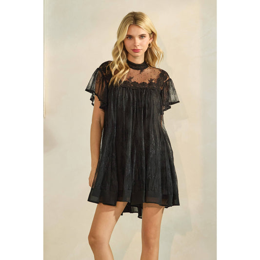 Lace Flutter Sleeve Mock Neck Mini Dress
