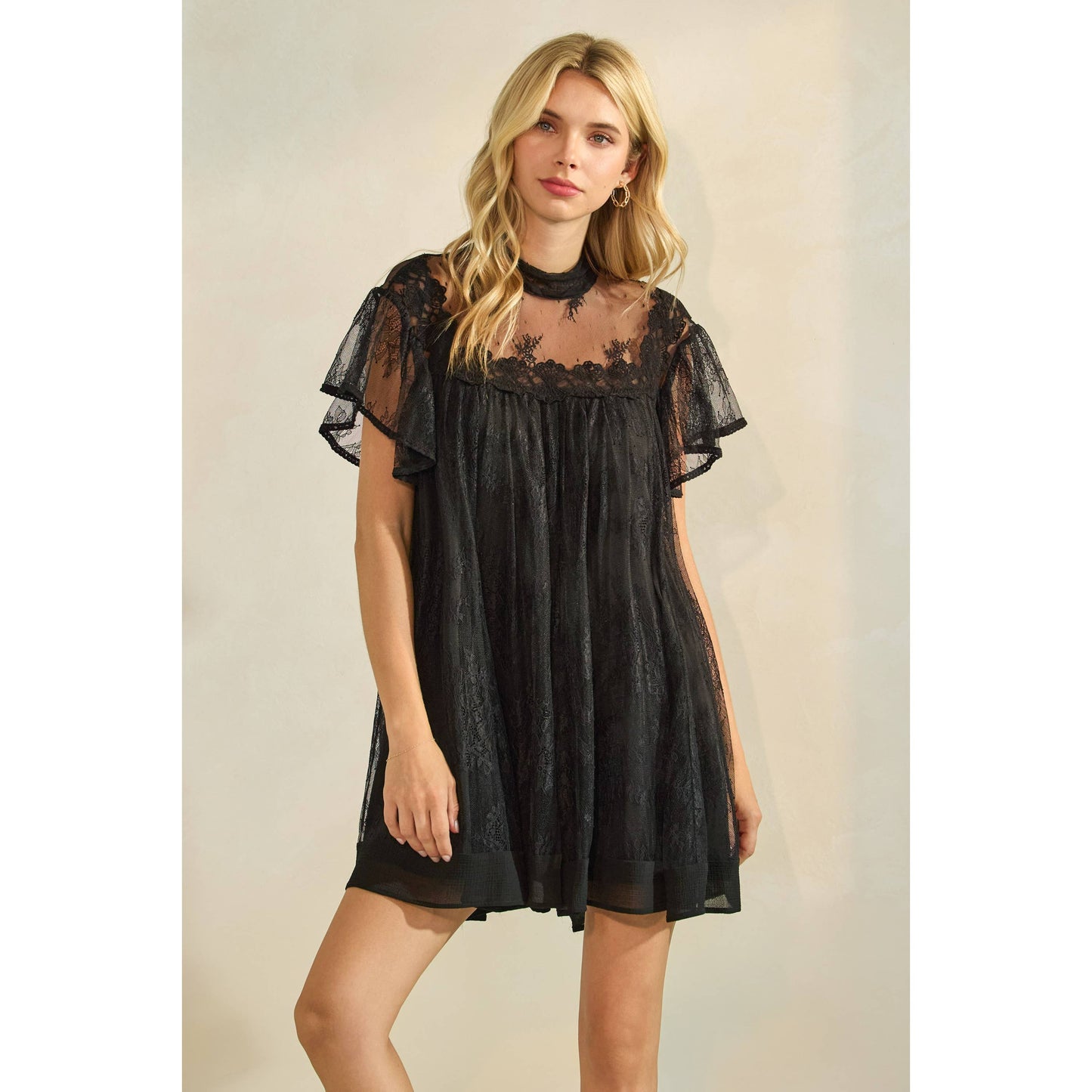 Lace Flutter Sleeve Mock Neck Mini Dress