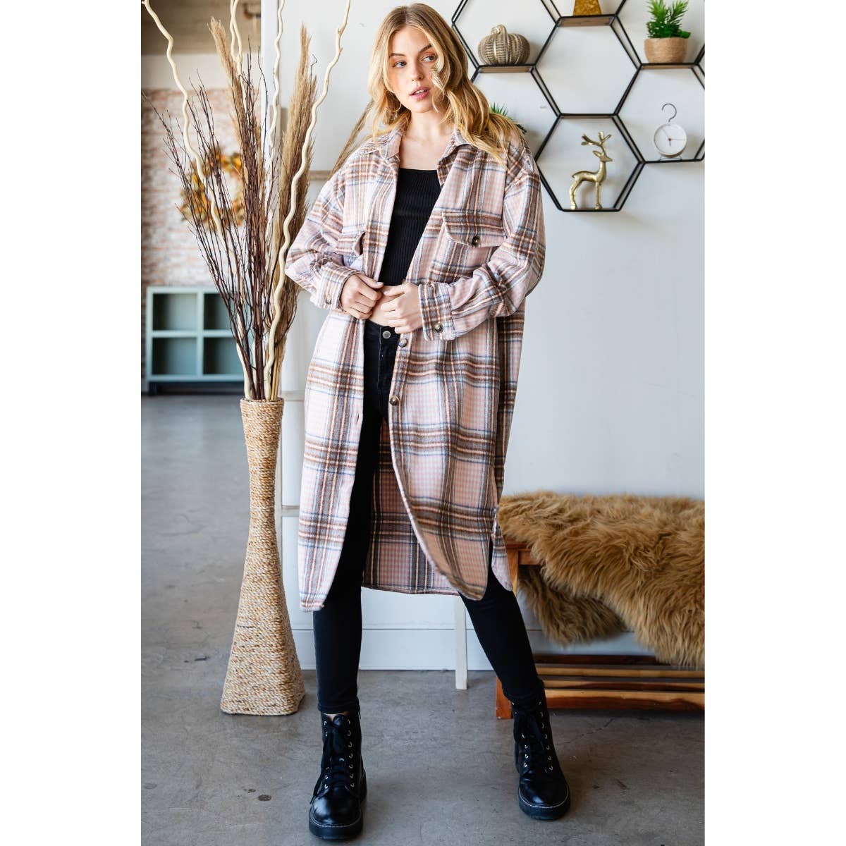 Wool Mix Plaid Checker Longline Shacket