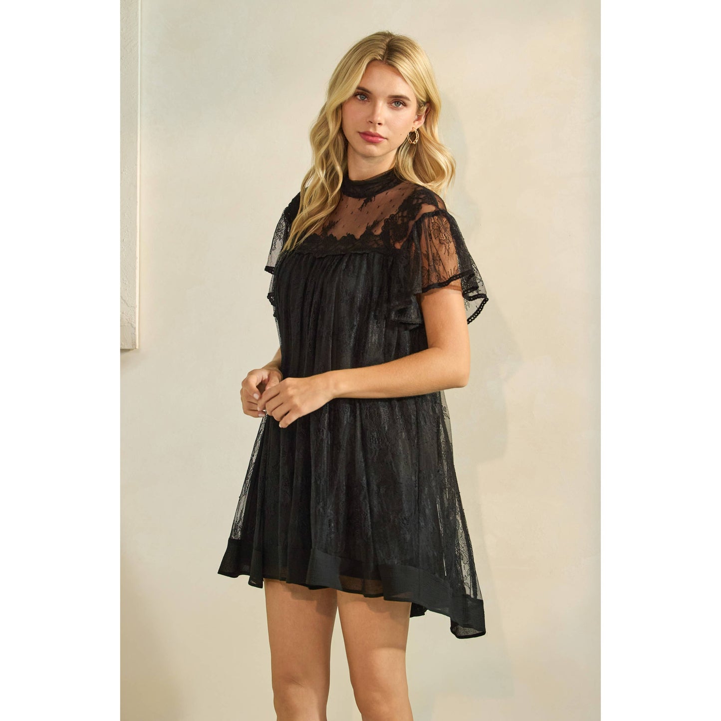 Lace Flutter Sleeve Mock Neck Mini Dress