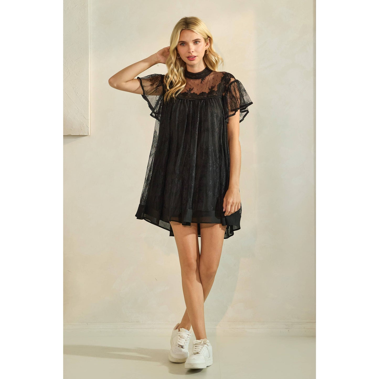 Lace Flutter Sleeve Mock Neck Mini Dress
