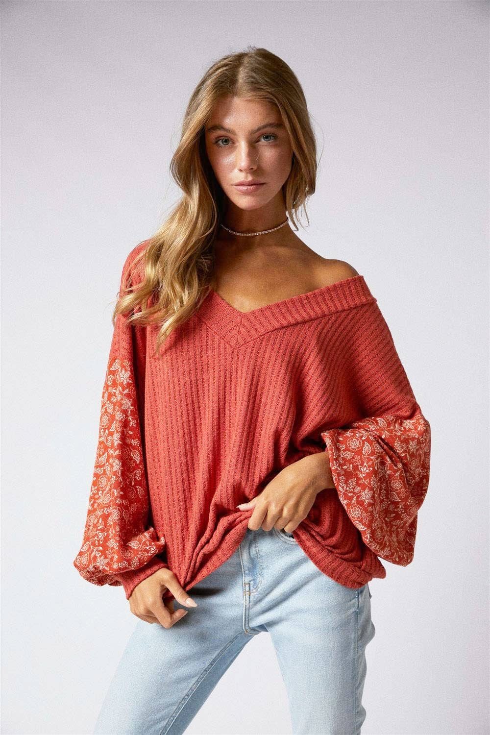 Bella Balloon Sleeve Top- Red Clay
