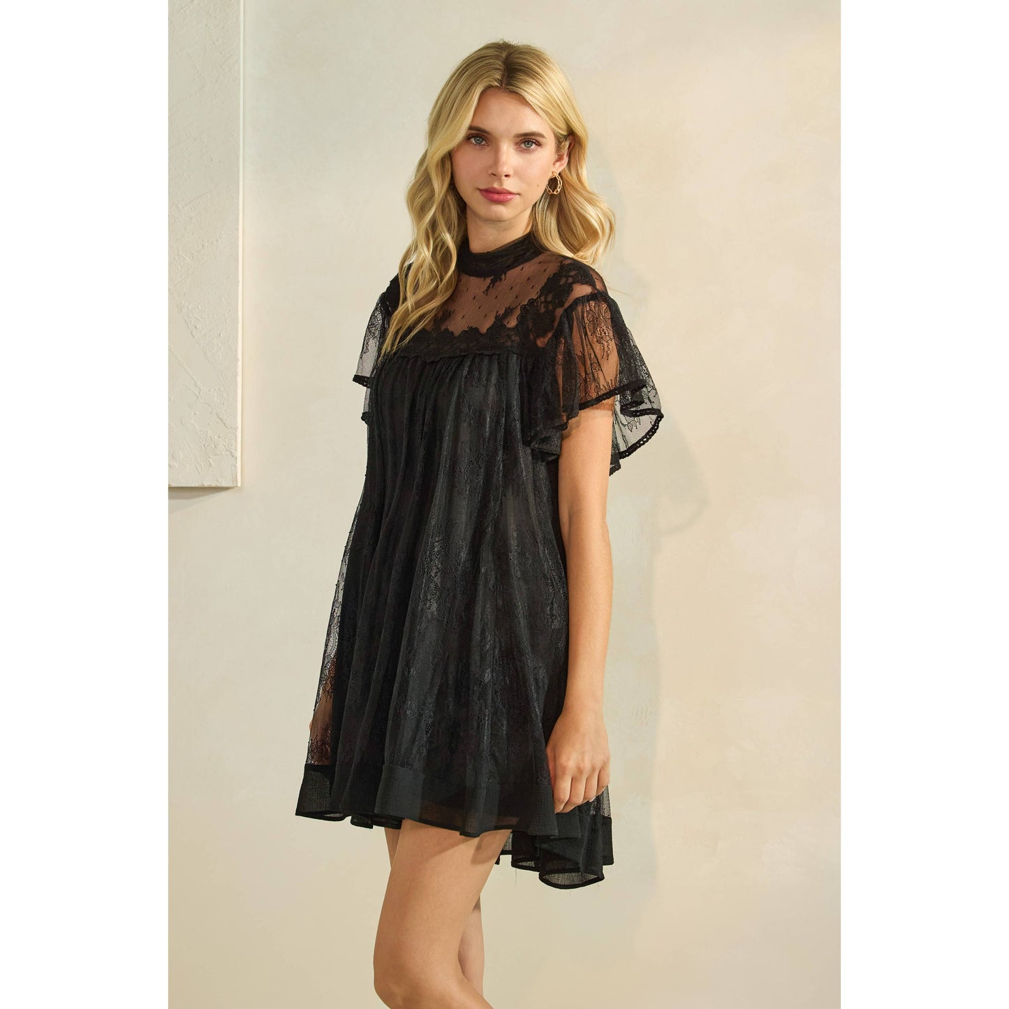 Lace Flutter Sleeve Mock Neck Mini Dress