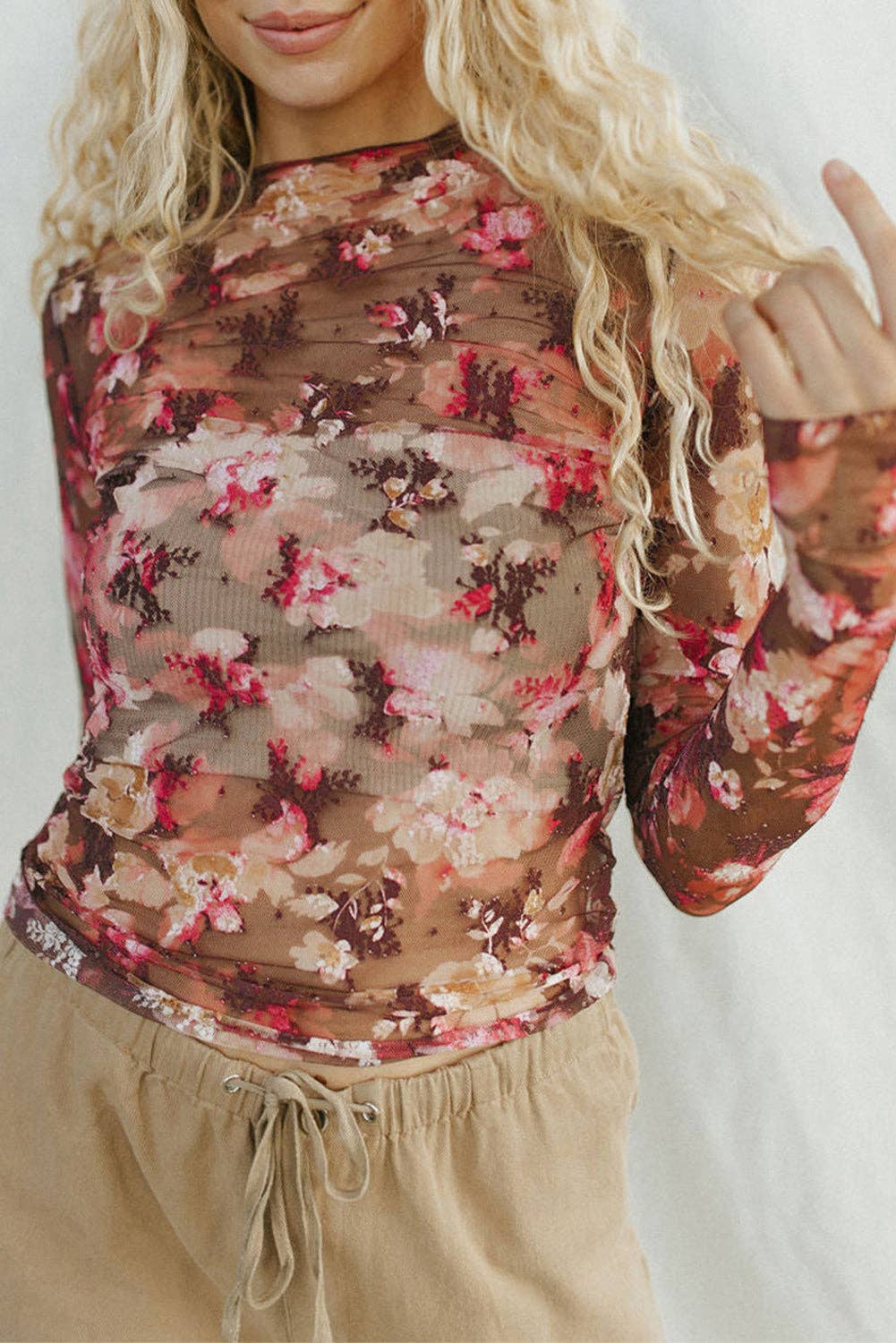 Chocolate with Red Floral Print Mesh Top