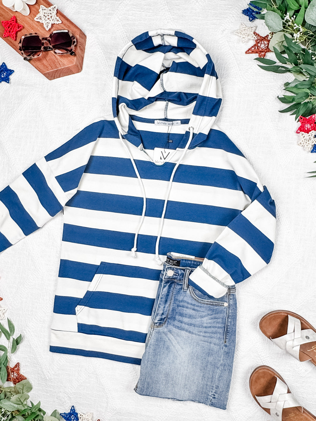 Rylie Light Weight Hooded Sweatshirt- Navy & White