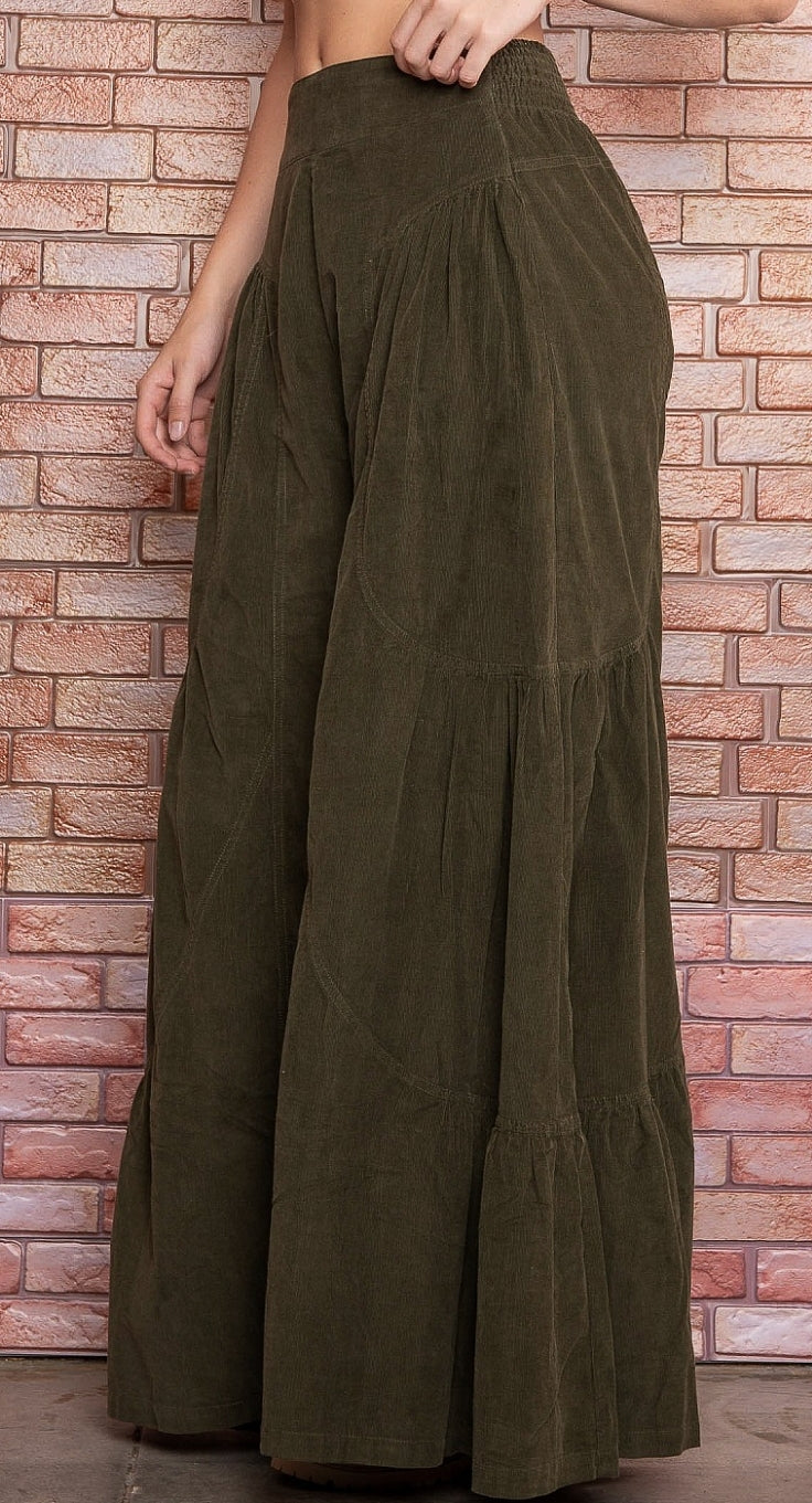 Kendall Wide Leg Corded Pant- Olive