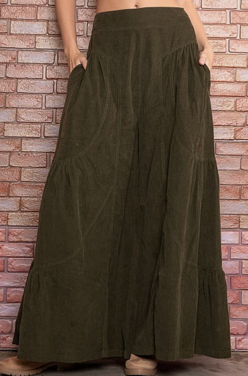 Kendall Wide Leg Corded Pant- Olive