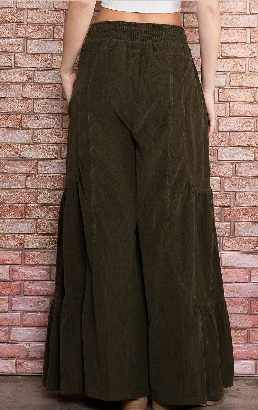 Kendall Wide Leg Corded Pant- Olive