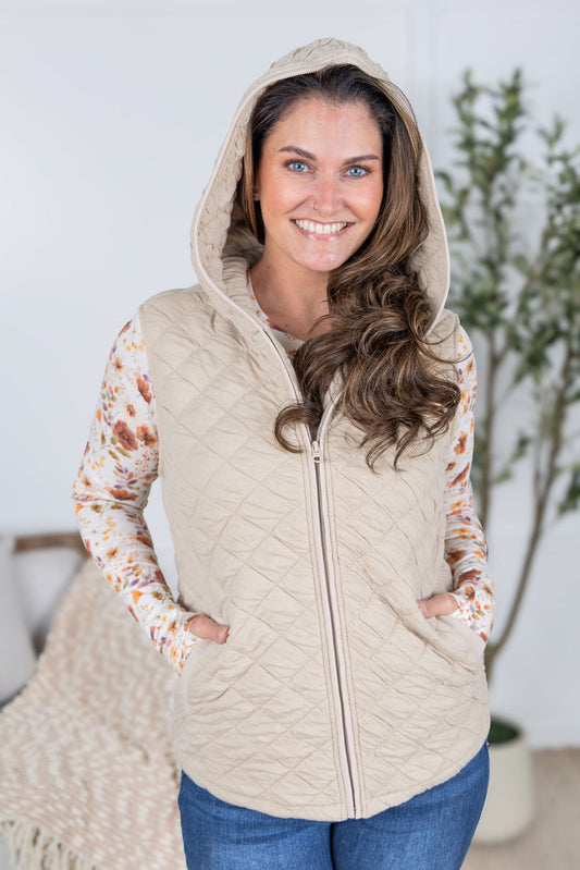 Heather Hooded Quilt Vest- Beige