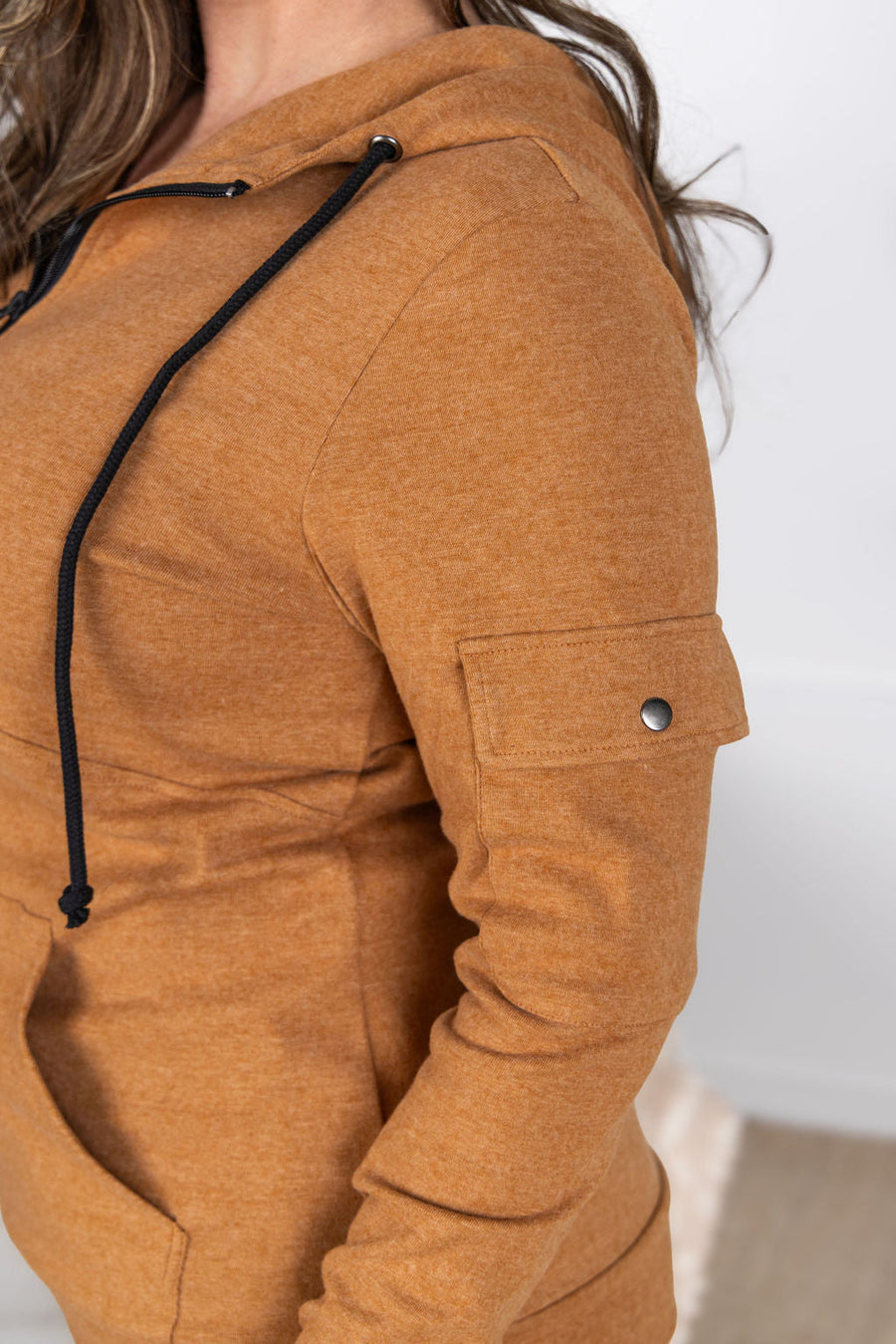 Pixie Pocket Half Zip Hoodie- Camel