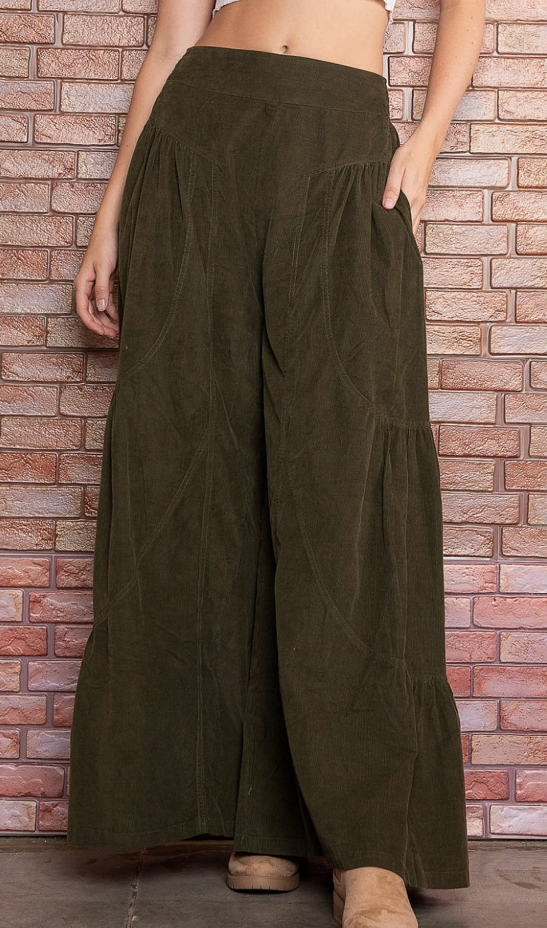 Kendall Wide Leg Corded Pant- Olive