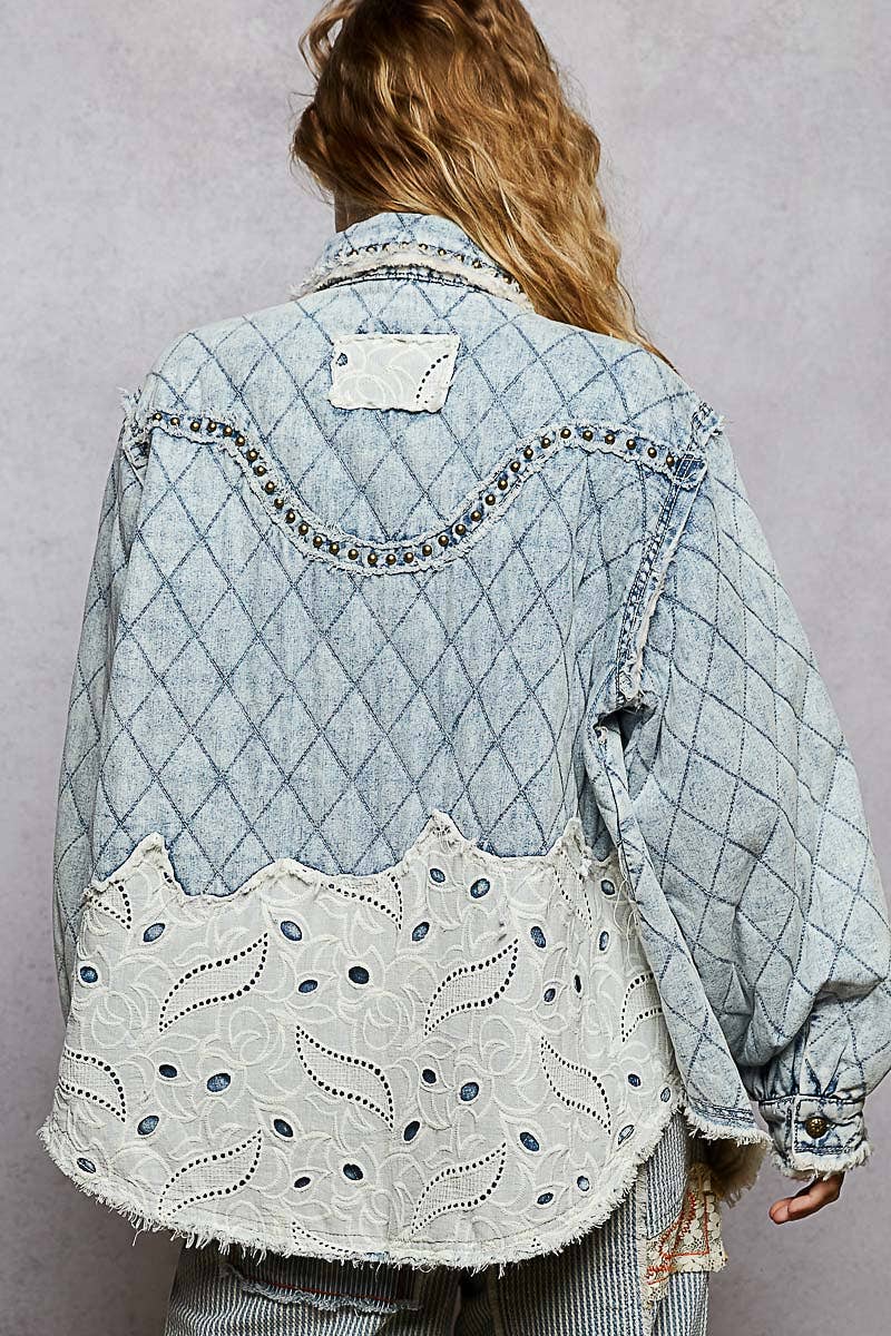 Long sleeve Western-inspired yoke studded lace panel jacket