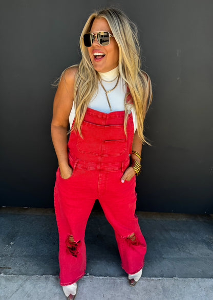 Dahlia Overalls - Vintage Red and Evergreen