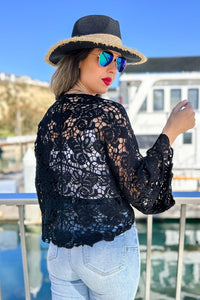 Floral Crochet Knit Bell Sleeve Cardigan Cover Up- Black