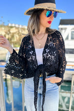 Load image into Gallery viewer, Floral Crochet Knit Bell Sleeve Cardigan Cover Up- Black