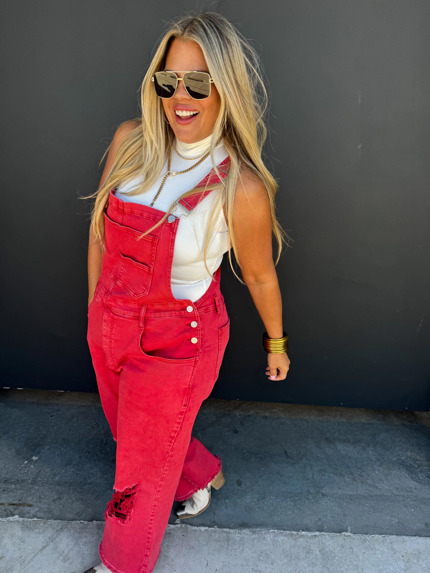 Dahlia Overalls - Vintage Red and Evergreen