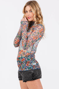 FLORAL MESH LONG SLEEVE TURTLE NECK