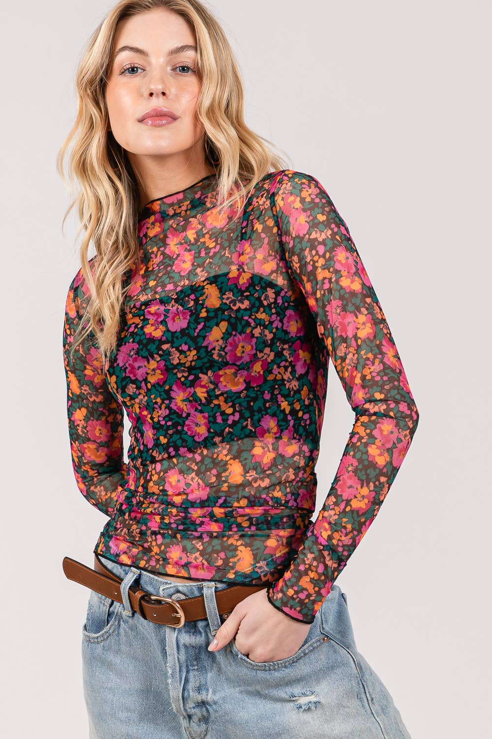 FLORAL MESH LONG SLEEVE TURTLE NECK