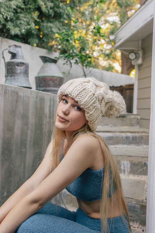 Oversized Chunky Knit Pom Beanie- Ivory