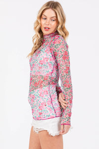 FLORAL MESH LONG SLEEVE TURTLE NECK